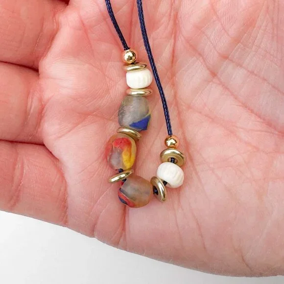Recycled Glass Bead Necklace Ghana Satin Cord Colourful Minimalist Boho - Picture 8 of 9
